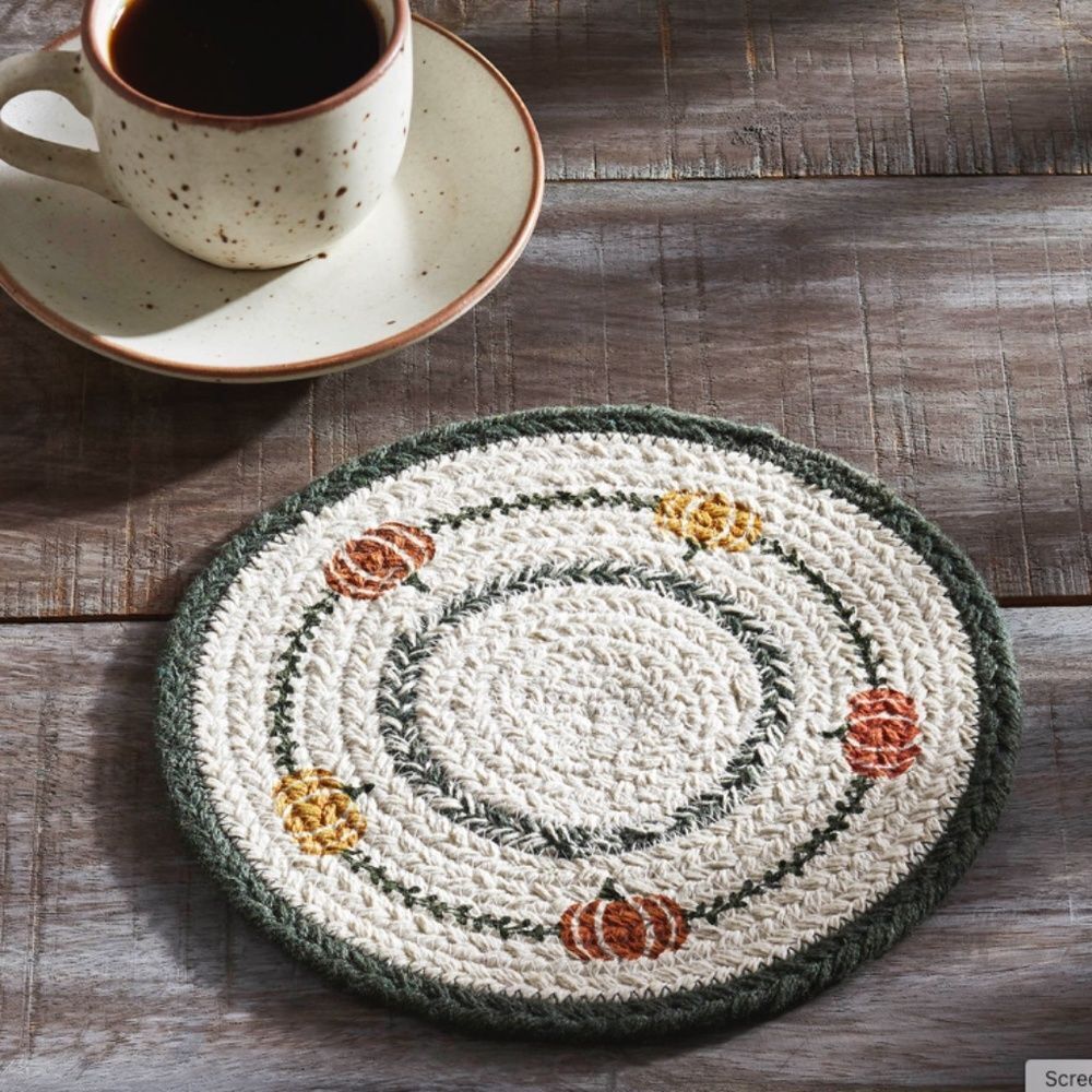 Autumn Harvest Pumpkin Stencil Jute Braided Trivet 8 inch Round Kitchen Table